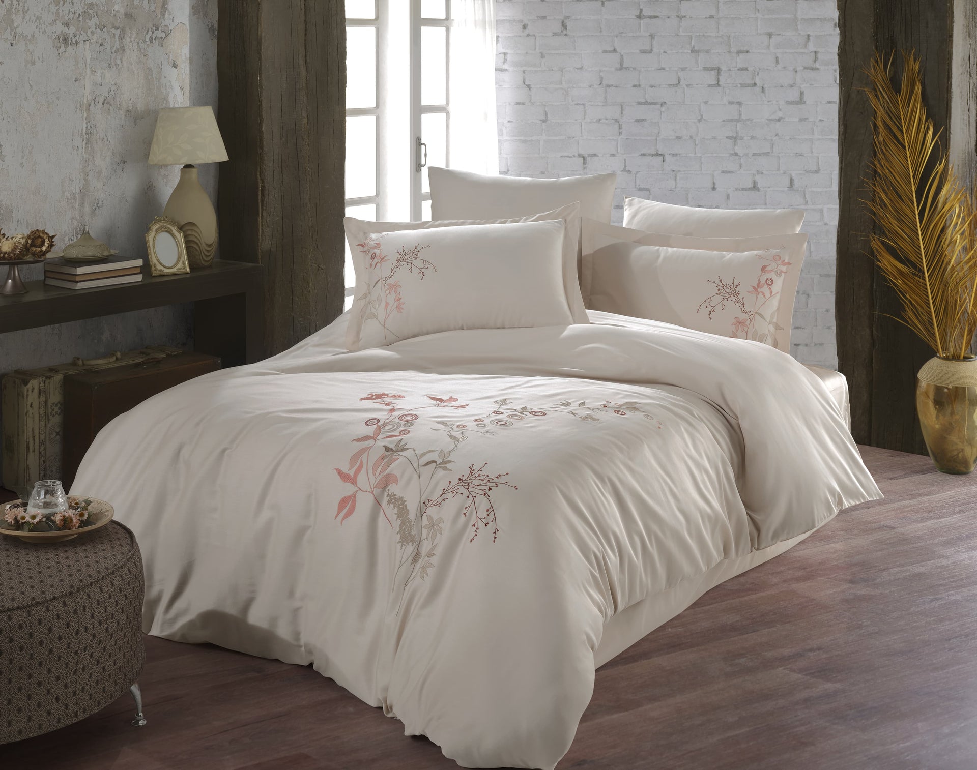 Okya Dreamoria Warm Ivory 100% Cotton Satin Bed Linen Set 6 Pcs + Gift Turkish Coffee Set