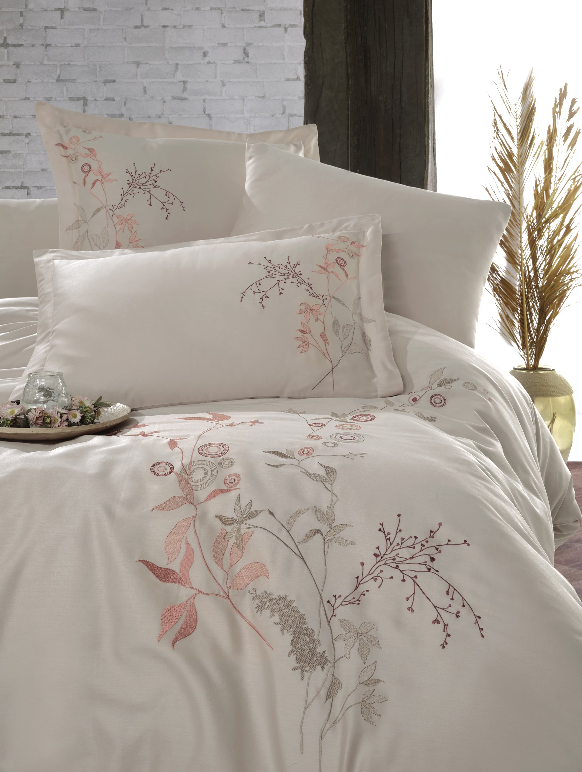 Okya Dreamoria Warm Ivory 100% Cotton Satin Bed Linen Set 6 Pcs + Gift Turkish Coffee Set