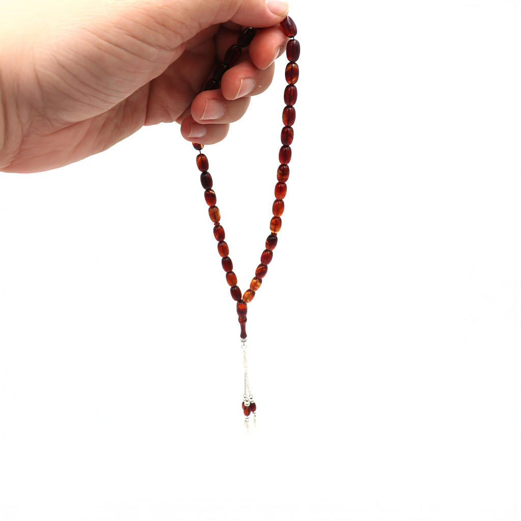 Fiery Red Pressed Amber Misbah With 33 Beads m216