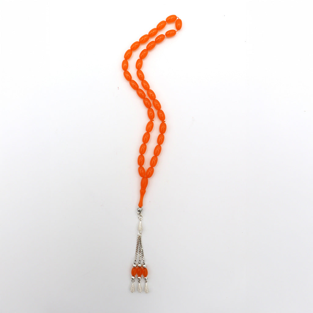Orange Pressed Amber Misbah With 33 Beads M229