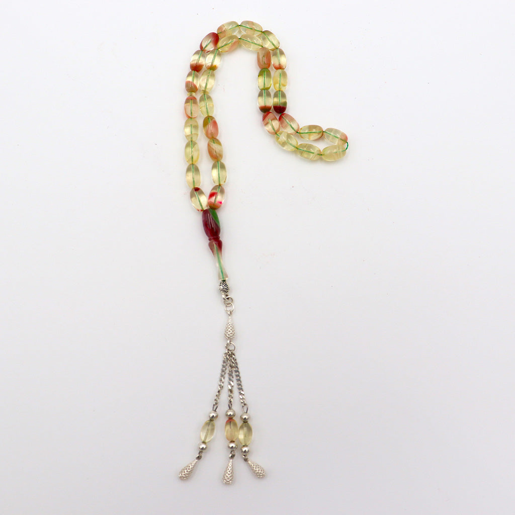 Translucent White Pressed Amber Misbah With 33 Beads M214