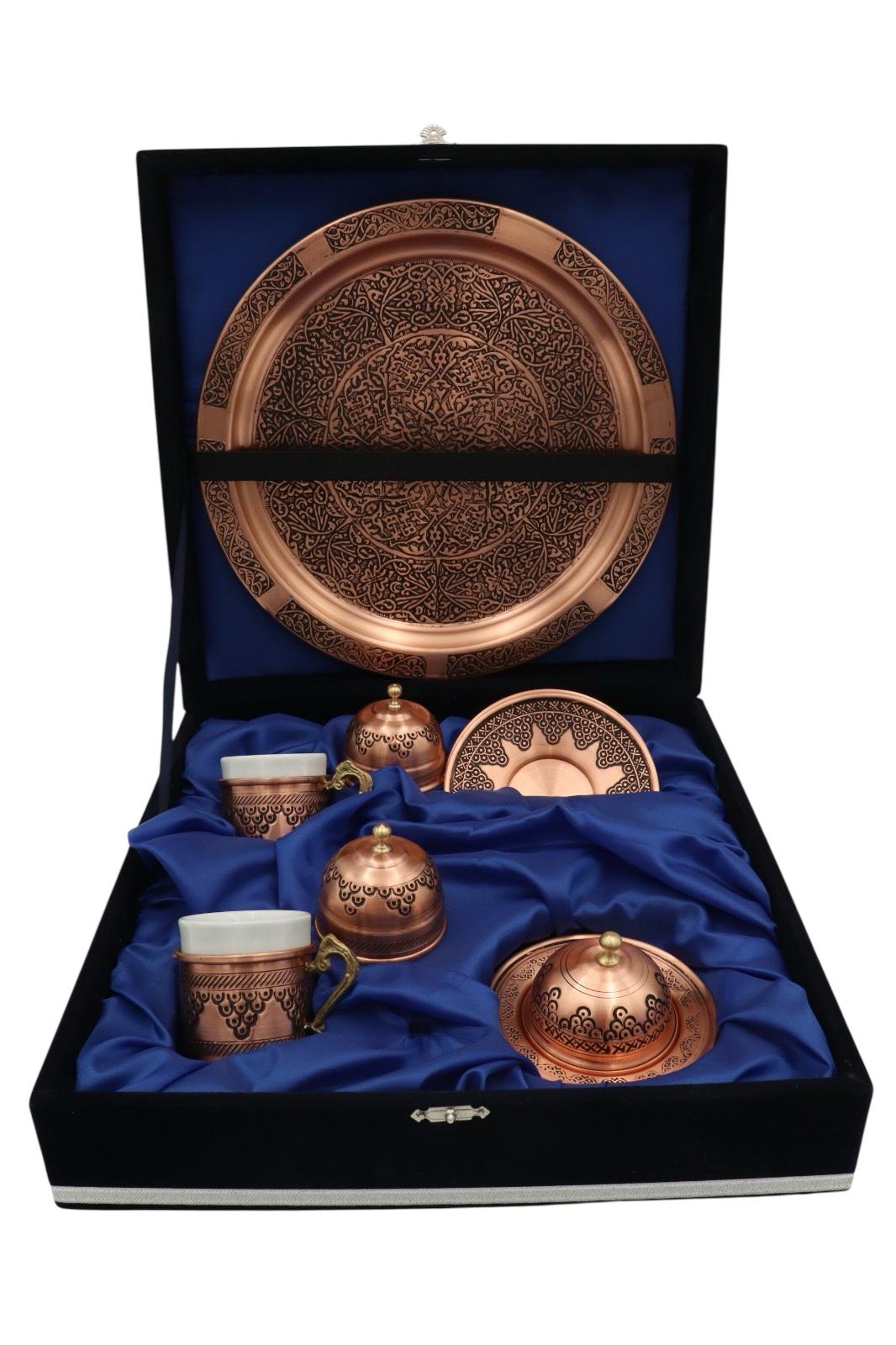 Luxury Handmade Turkish Copper Coffee Set – 6 Pieces with Velvet Gift Box