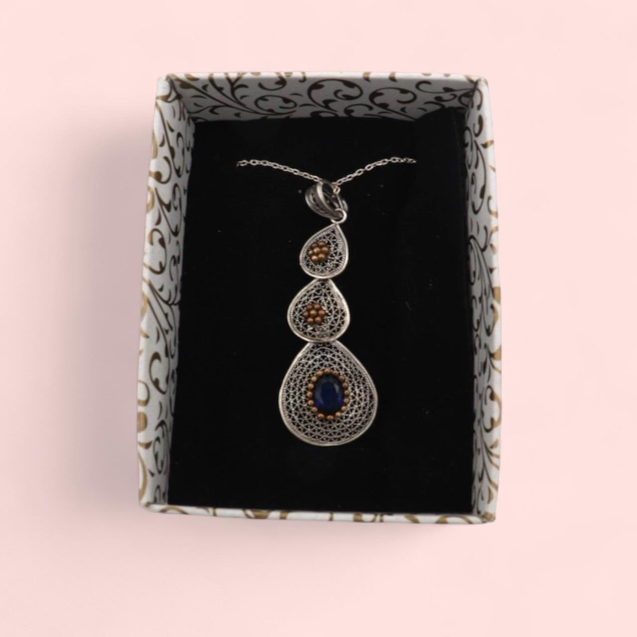 925 Silver Telkari Necklace – Handmade Anatolian Filigree Jewelry with Blue Stone