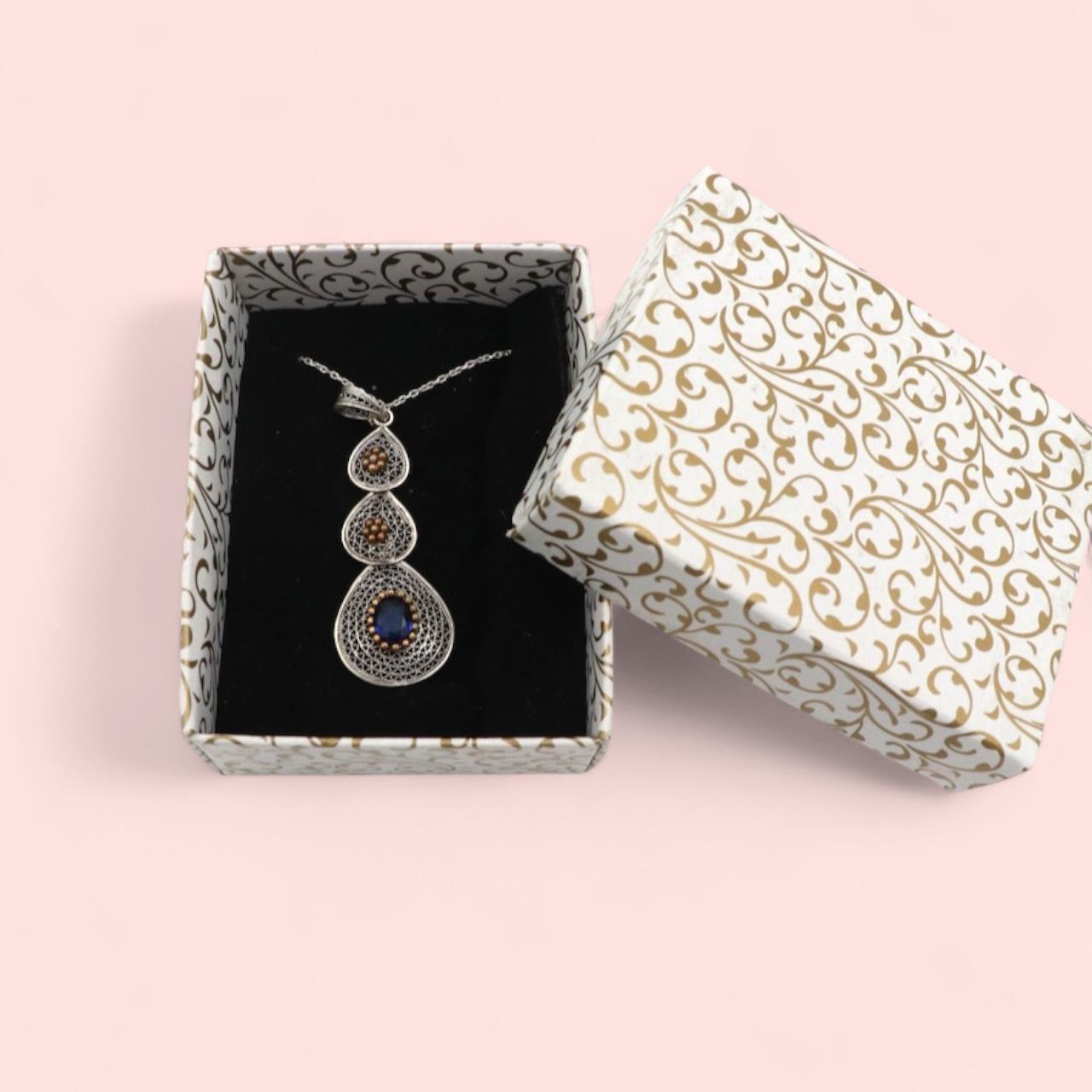 925 Silver Telkari Necklace – Handmade Anatolian Filigree Jewelry with Blue Stone