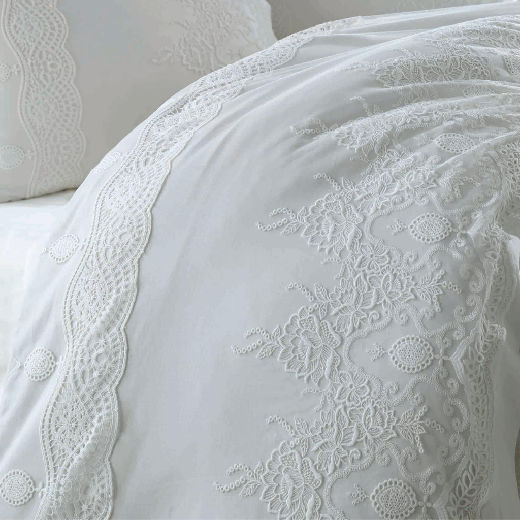 Cotton-sateen, white duvet cover ,bedspread and pillows crafted with lace