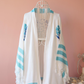Bamboo-cotton, breathable, hand-made kimono with blue floral designs and stripes