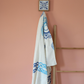 Linen shawl/scarf has blue, hand-made prints with organic dye