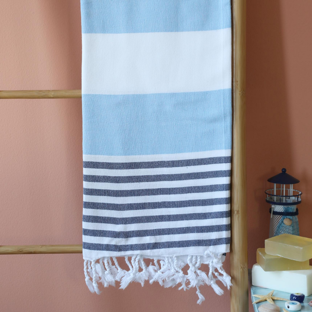 Absorbant, cotton beach towel has blue and navy stripes